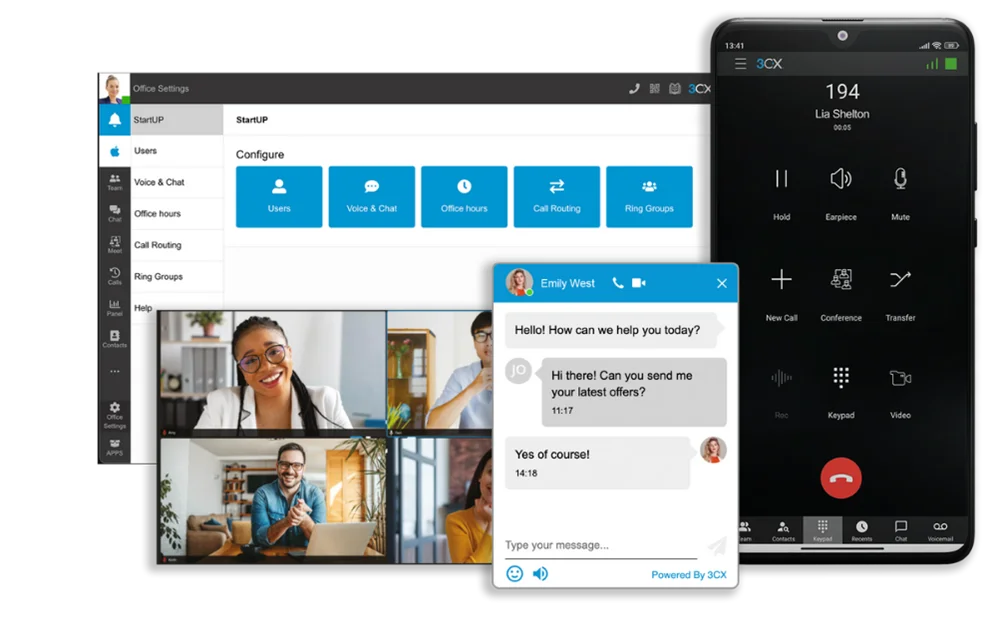 Plataforma 3CX: cliente web, chat, videoconferência e aplicativo no celular