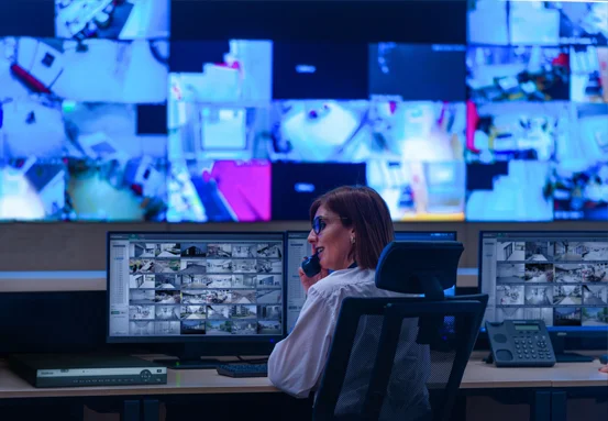 Operadora em central de monitoramento com painel de câmeras